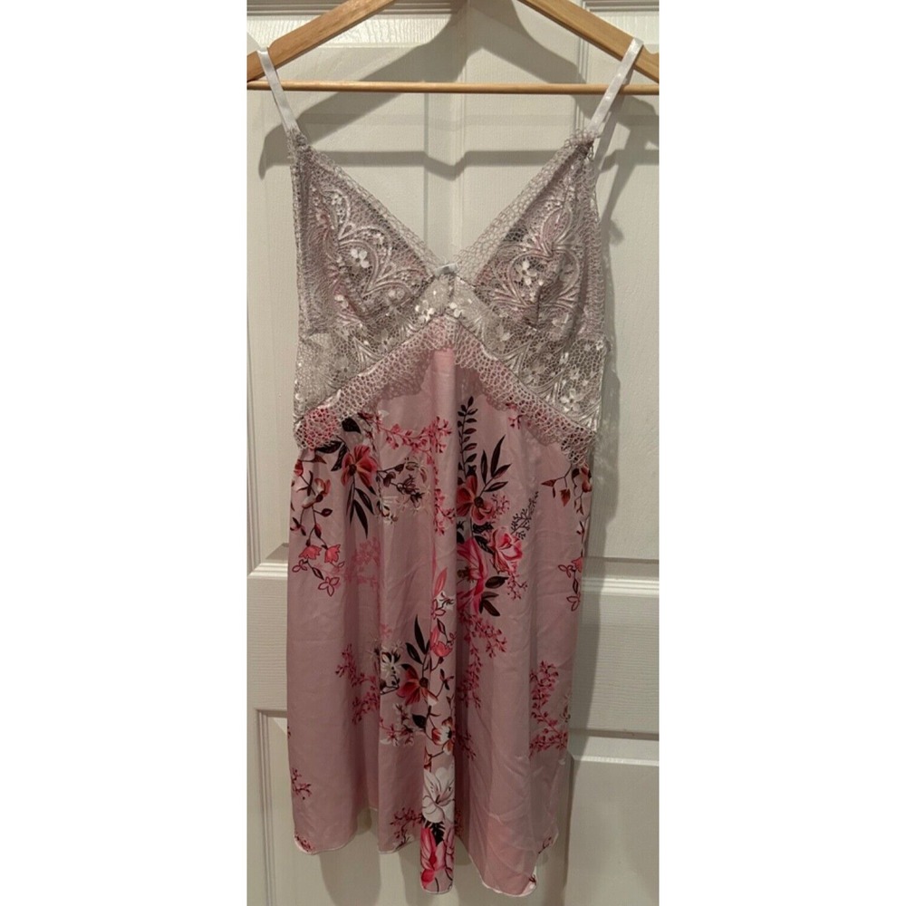 Chicme Floral Lace Satin Slip Nightgown Pink Blossom Print Lingerie Dress XL